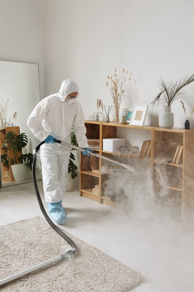 Individual wearing PPE fumigates indoor space with smoke, highlighting safety practices.